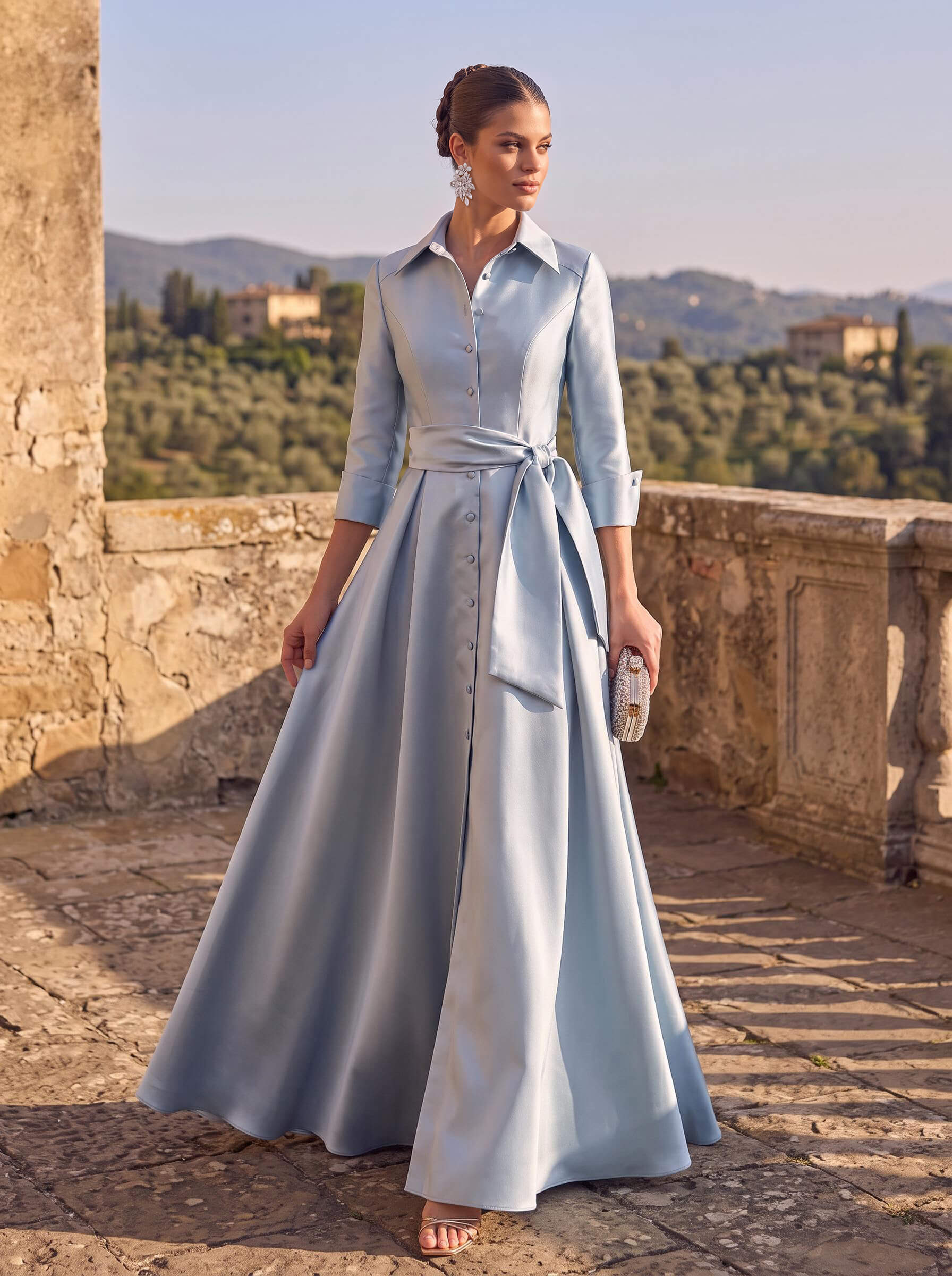 A-Line High Neck 3/4 Sleeves Floor-Length Matte Satin Evening Dresses With Sash A-Line High Neck 3/4 Sleeves Floor-Length Matte Satin Evening Dresses With Sash
