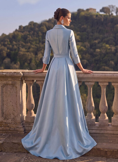 A-Line High Neck 3/4 Sleeves Floor-Length Matte Satin Evening Dresses With Sash