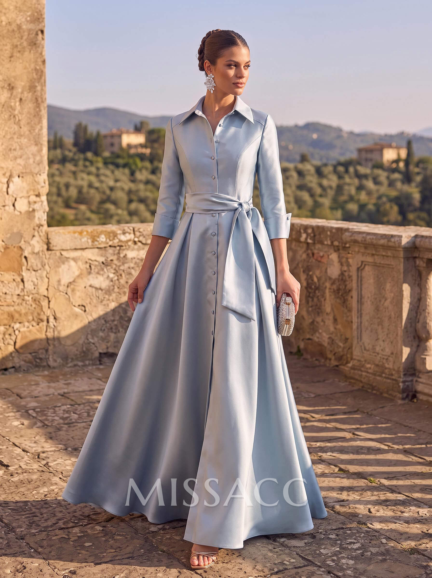 A-Line High Neck 3/4 Sleeves Floor-Length Matte Satin Evening Dresses With Sash