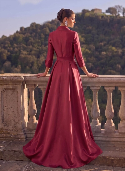 A-Line High Neck 3/4 Sleeves Floor-Length Matte Satin Evening Dresses With Sash
