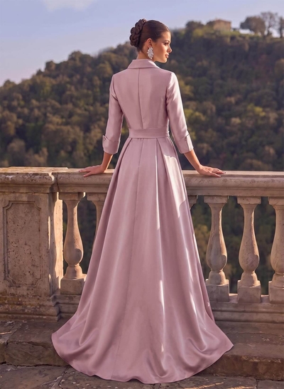 A-Line High Neck 3/4 Sleeves Floor-Length Matte Satin Evening Dresses With Sash