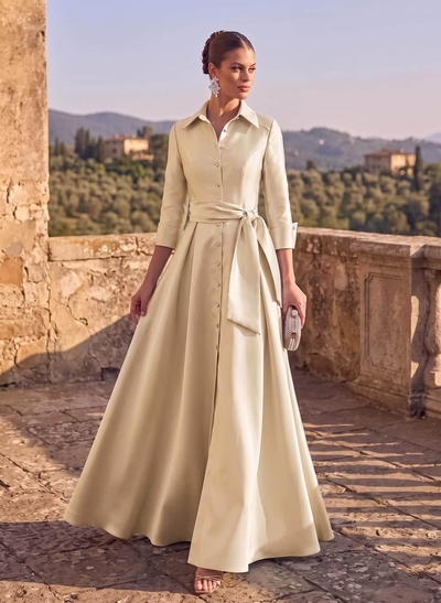 A-Line High Neck 3/4 Sleeves Floor-Length Matte Satin Evening Dresses With Sash