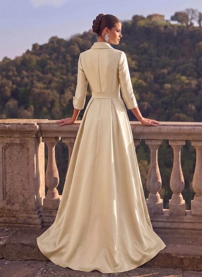 A-Line High Neck 3/4 Sleeves Floor-Length Matte Satin Evening Dresses With Sash