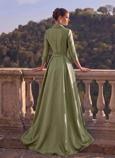 A-Line High Neck 3/4 Sleeves Floor-Length Matte Satin Evening Dresses With Sash