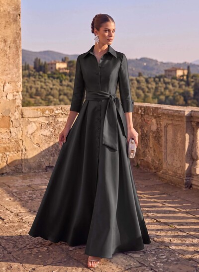 A-Line High Neck 3/4 Sleeves Floor-Length Matte Satin Evening Dresses With Sash