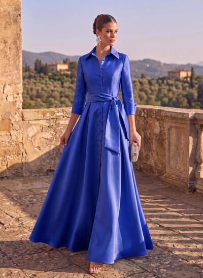 A-Line High Neck 3/4 Sleeves Floor-Length Matte Satin Evening Dresses With Sash