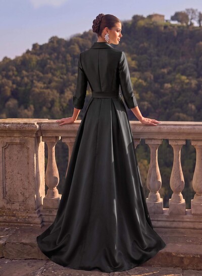 A-Line High Neck 3/4 Sleeves Floor-Length Matte Satin Evening Dresses With Sash
