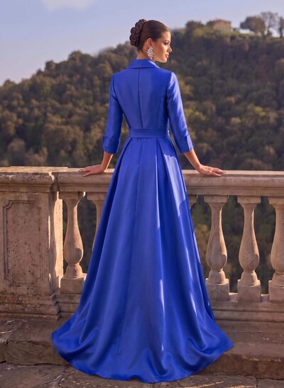 A-Line High Neck 3/4 Sleeves Floor-Length Matte Satin Evening Dresses With Sash