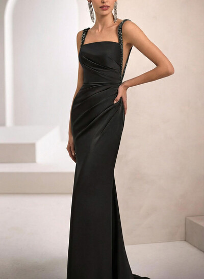 Sheath/Column Square Neckline Sleeveless Sweep Train Crepe Satin Evening Dresses With Rhinestone