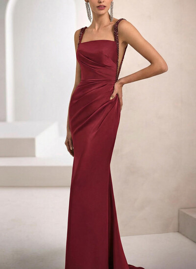 Sheath/Column Square Neckline Sleeveless Sweep Train Crepe Satin Evening Dresses With Rhinestone