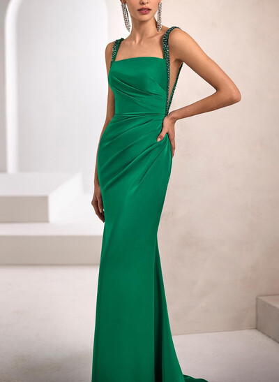 Sheath/Column Square Neckline Sleeveless Sweep Train Crepe Satin Evening Dresses With Rhinestone