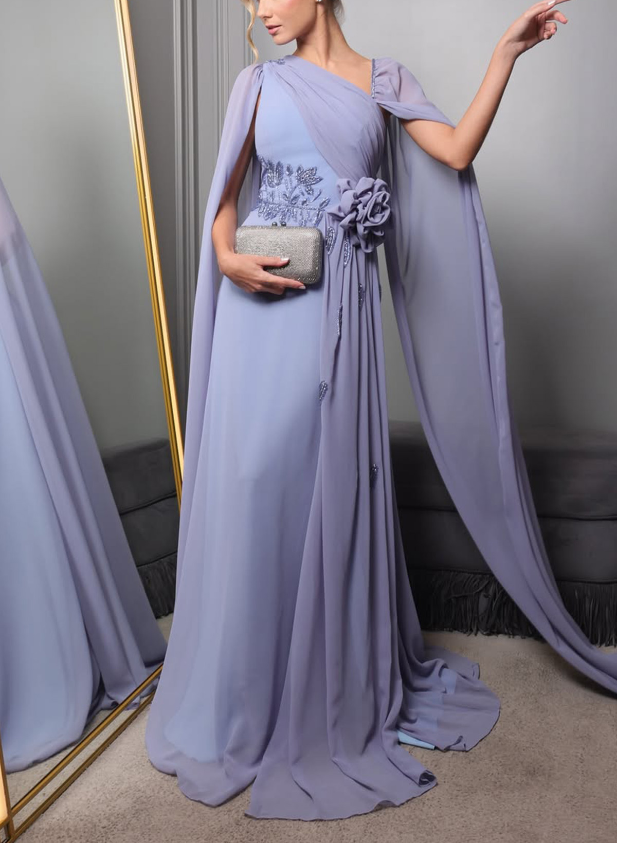 Sheath/Column Asymmetrical Cape Sleeves Floor-Length Chiffon Evening Dresses