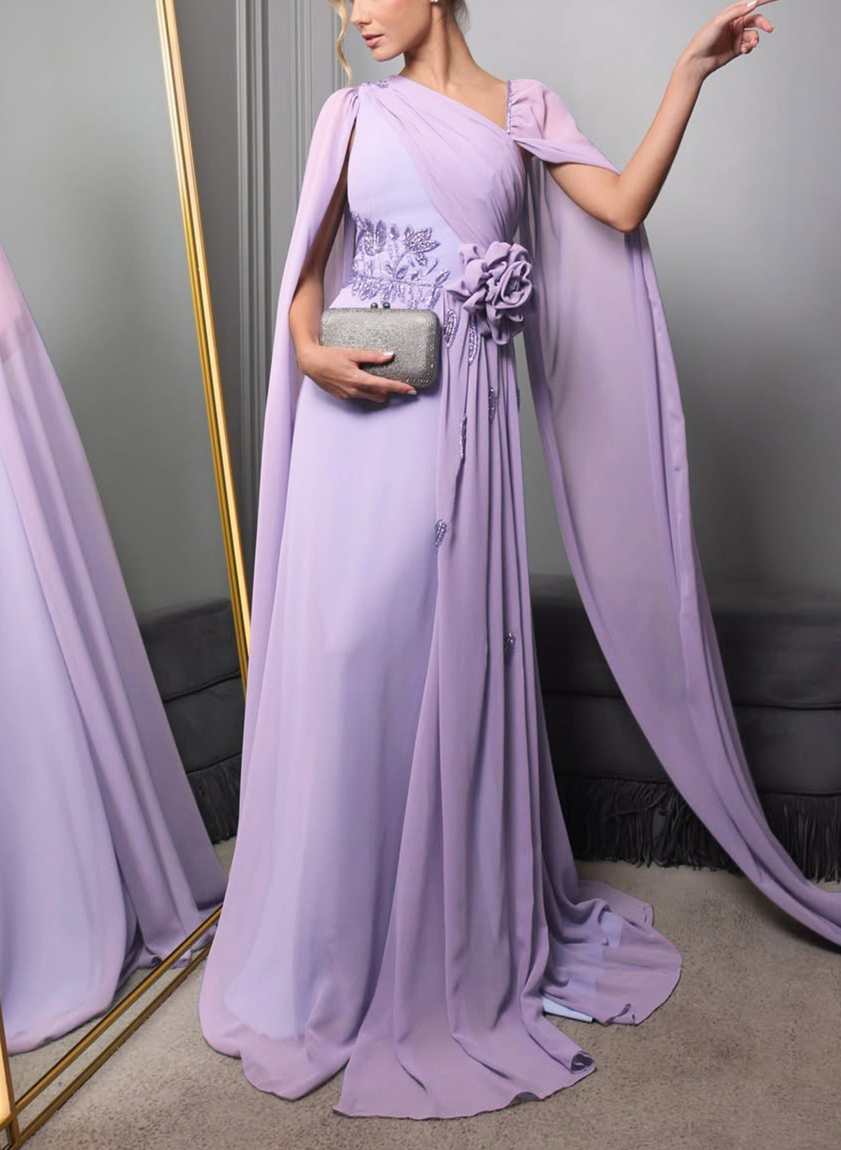 Sheath/Column Asymmetrical Cape Sleeves Floor-Length Chiffon Evening Dresses