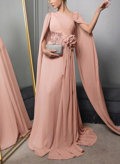 Sheath/Column Asymmetrical Cape Sleeves Floor-Length Chiffon Evening Dresses
