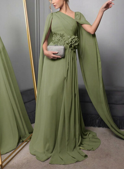 Sheath/Column Asymmetrical Cape Sleeves Floor-Length Chiffon Evening Dresses