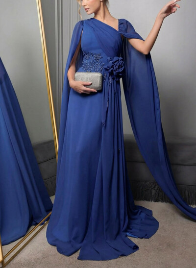 Sheath/Column Asymmetrical Cape Sleeves Floor-Length Chiffon Evening Dresses