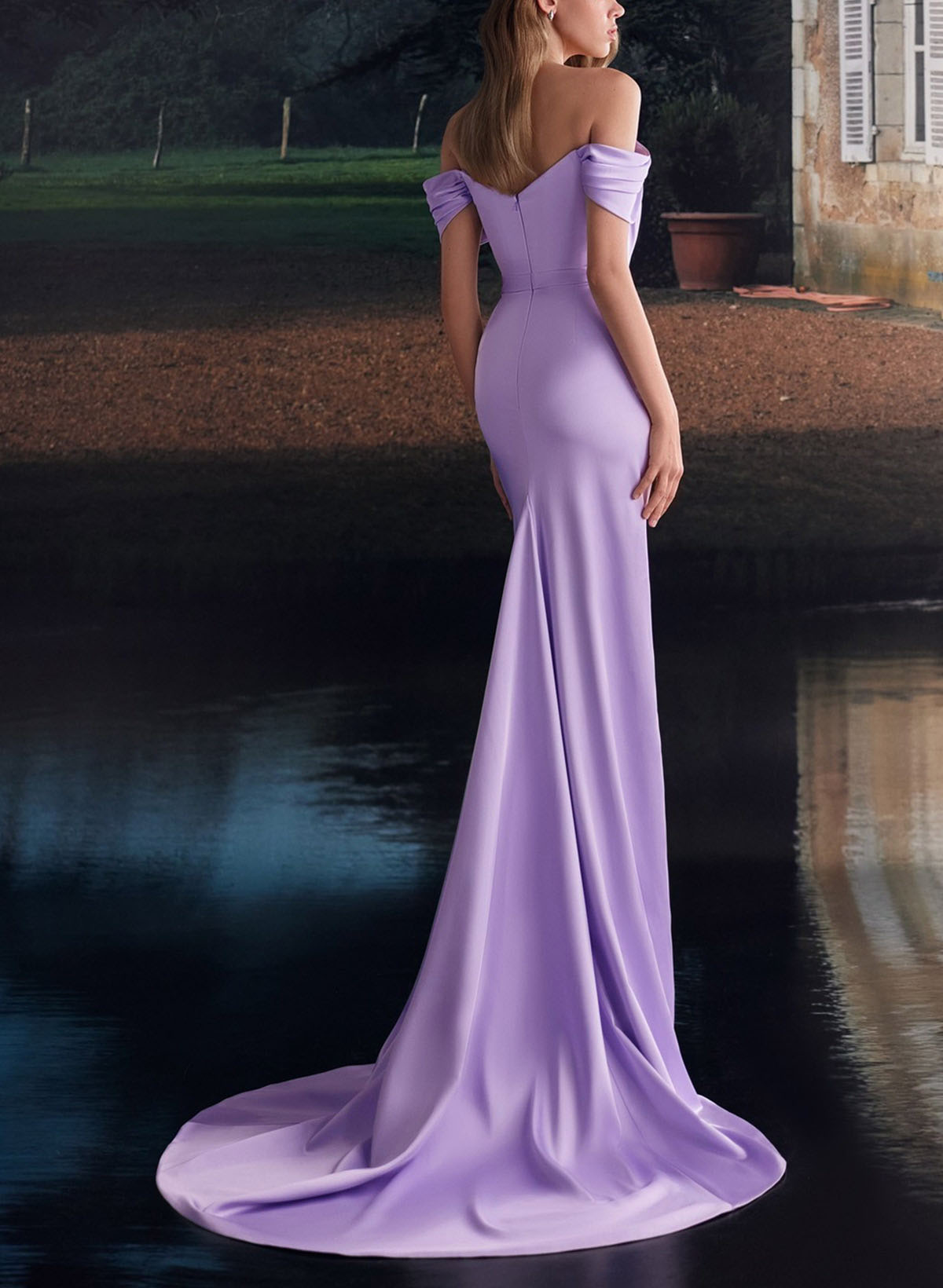 Trumpet/Mermaid Off-The-Shoulder Sleeveless Sweep Train Crepe Satin Evening Dresses With High Split