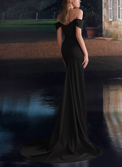 Trumpet/Mermaid Off-The-Shoulder Sleeveless Sweep Train Crepe Satin Evening Dresses With High Split