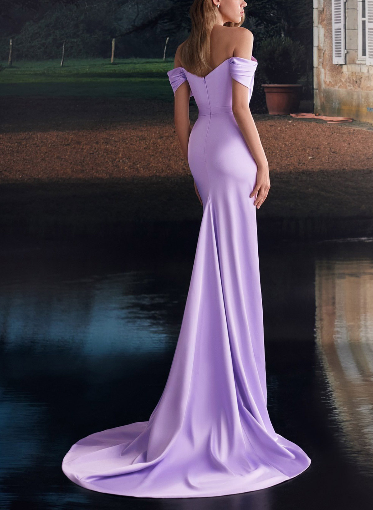Trumpet/Mermaid Off-The-Shoulder Sleeveless Sweep Train Crepe Satin Evening Dresses With High Split
