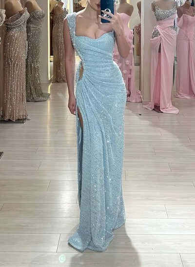 Sheath/Column Sweetheart Sleeveless Floor-Length Tulle/Sequined Evening Dresses With Split Front/Sequins