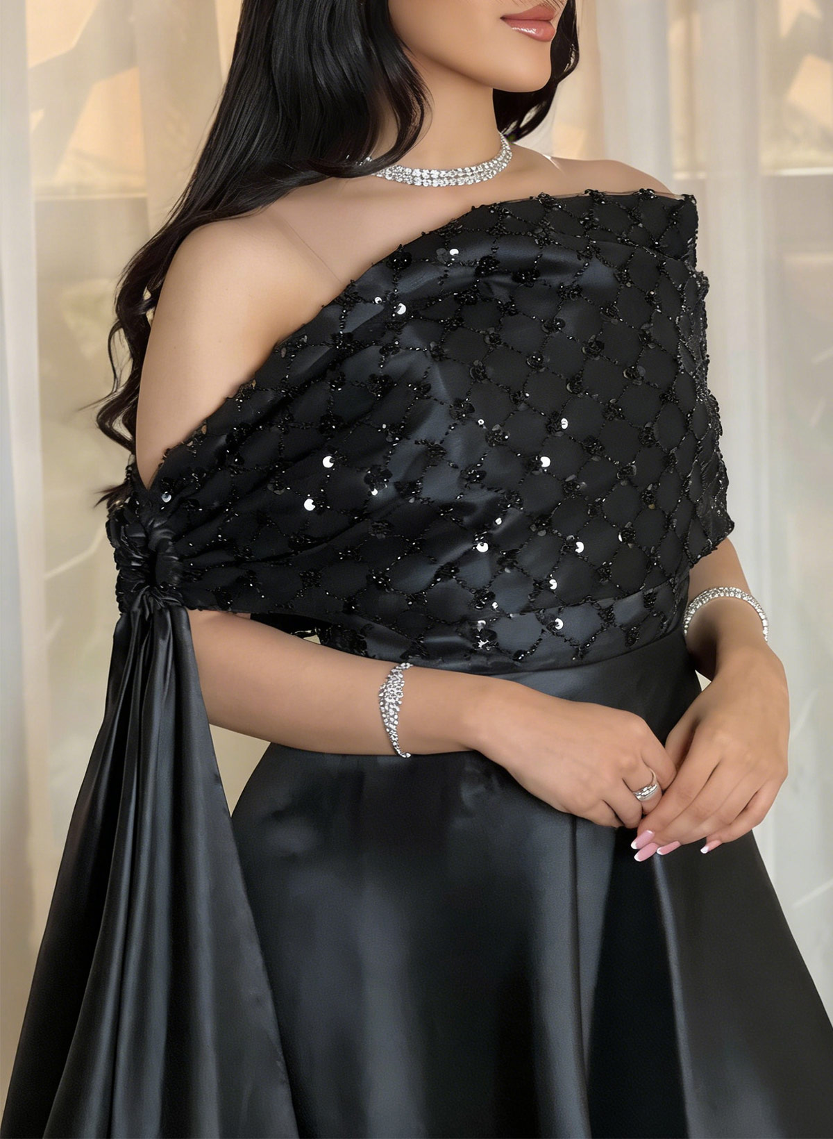 A-Line Off-The-Shoulder Floor-Length Satin/Sequined Evening Dresses With Sweeping Side Drape