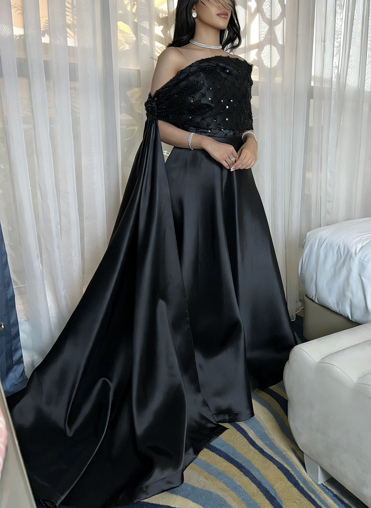 A-Line Off-The-Shoulder Floor-Length Satin/Sequined Evening Dresses With Sweeping Side Drape