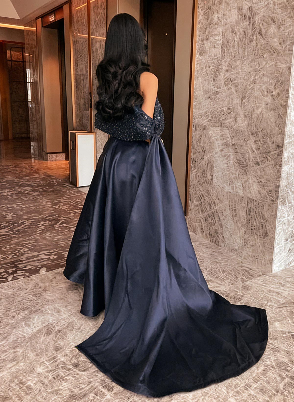A-Line Off-The-Shoulder Floor-Length Satin/Sequined Evening Dresses With Sweeping Side Drape