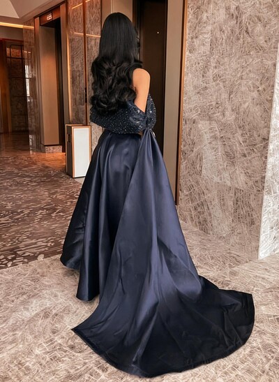 A-Line Off-The-Shoulder Floor-Length Satin/Sequined Evening Dresses With Sweeping Side Drape