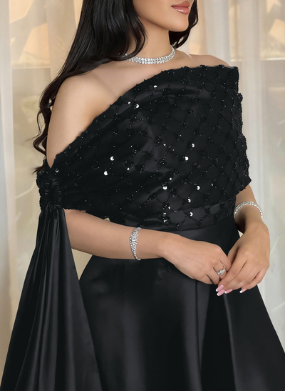 A-Line Off-The-Shoulder Floor-Length Satin/Sequined Evening Dresses With Sweeping Side Drape
