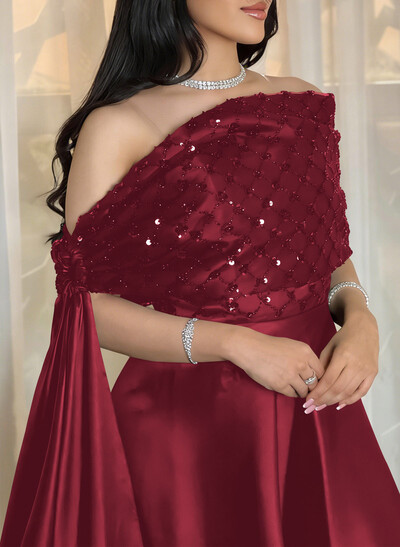A-Line Off-The-Shoulder Floor-Length Satin/Sequined Evening Dresses With Sweeping Side Drape