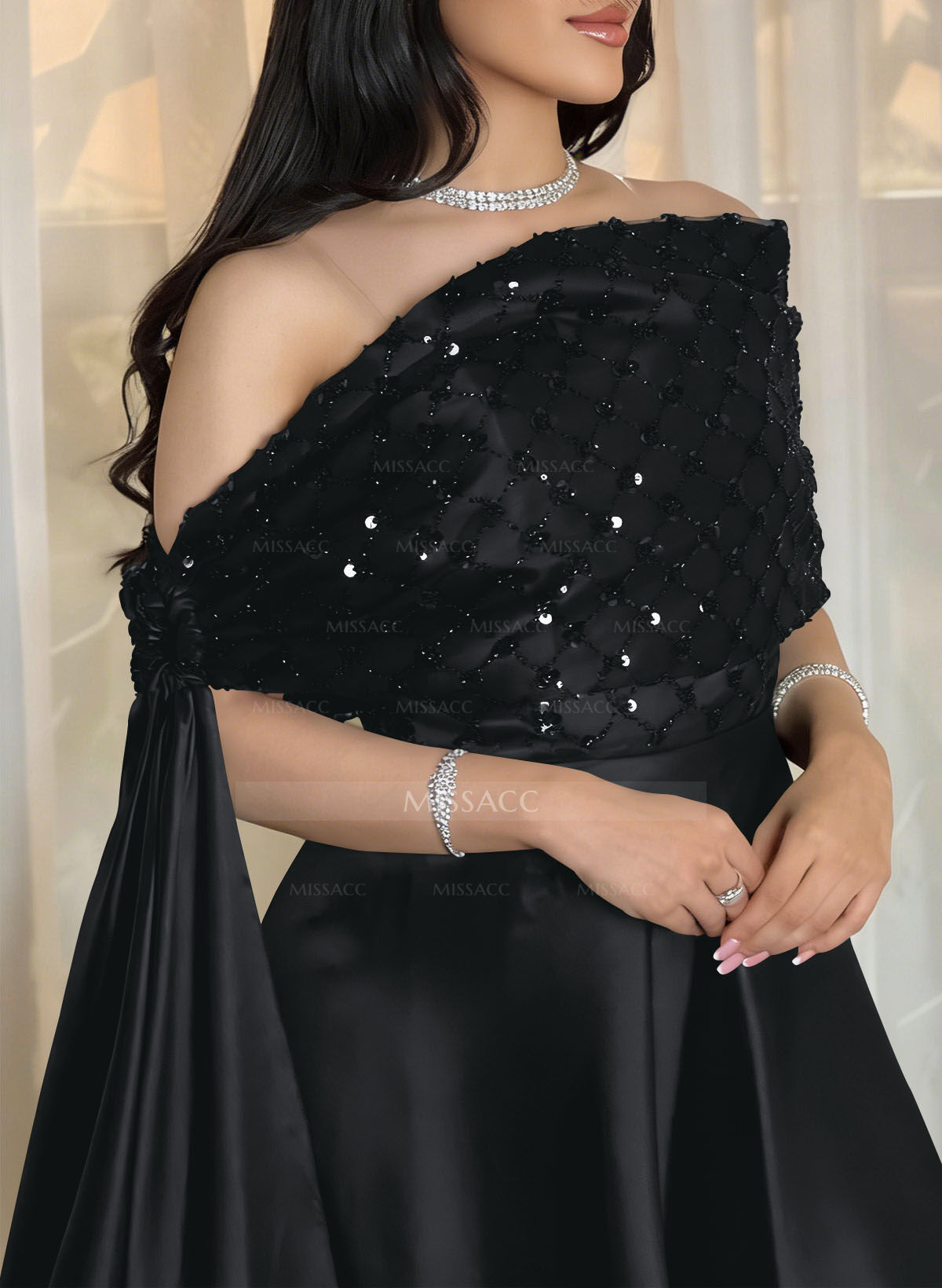 A-Line Off-The-Shoulder Floor-Length Satin/Sequined Evening Dresses With Sweeping Side Drape