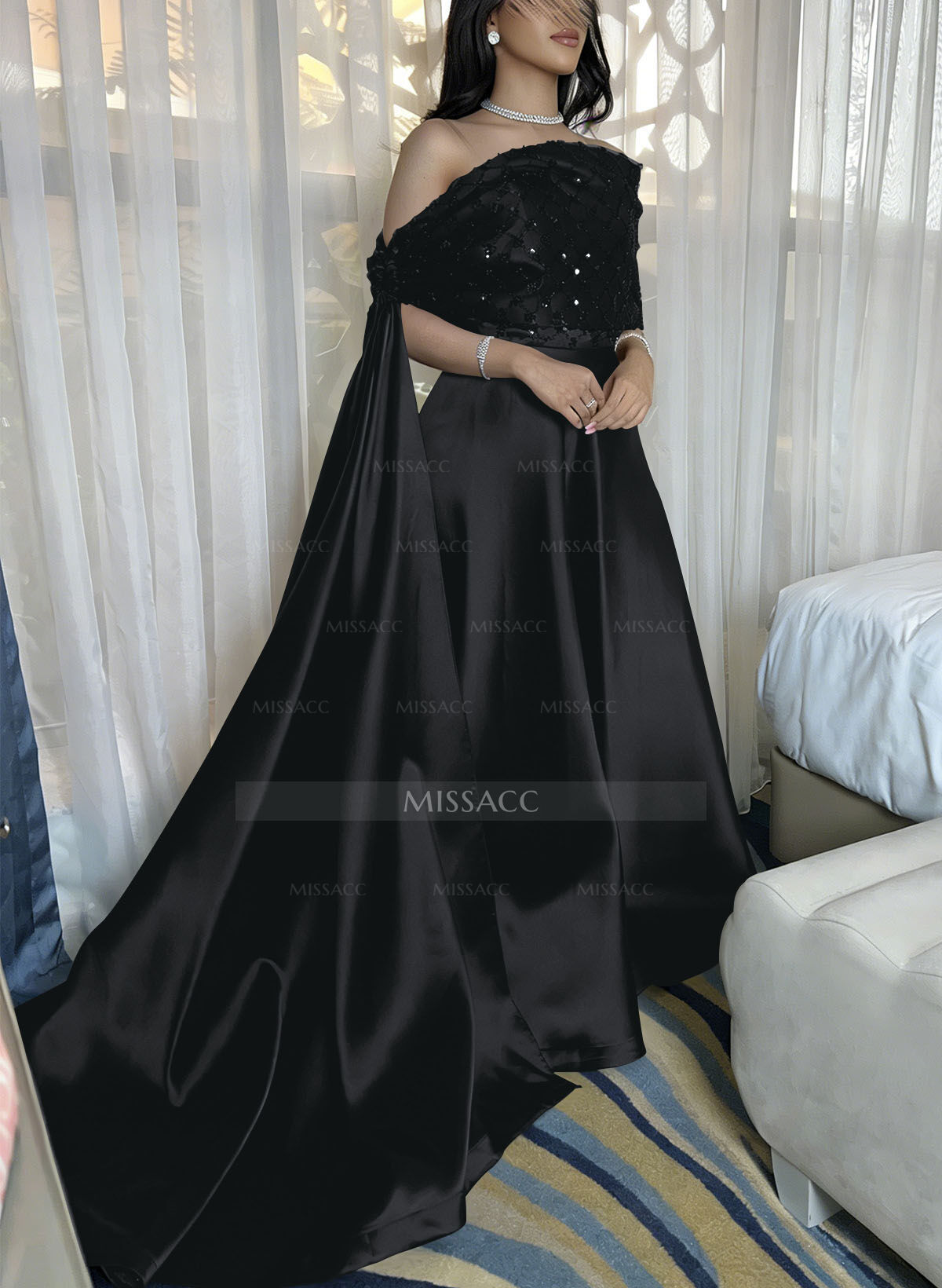 A-Line Off-The-Shoulder Floor-Length Satin/Sequined Evening Dresses With Sweeping Side Drape