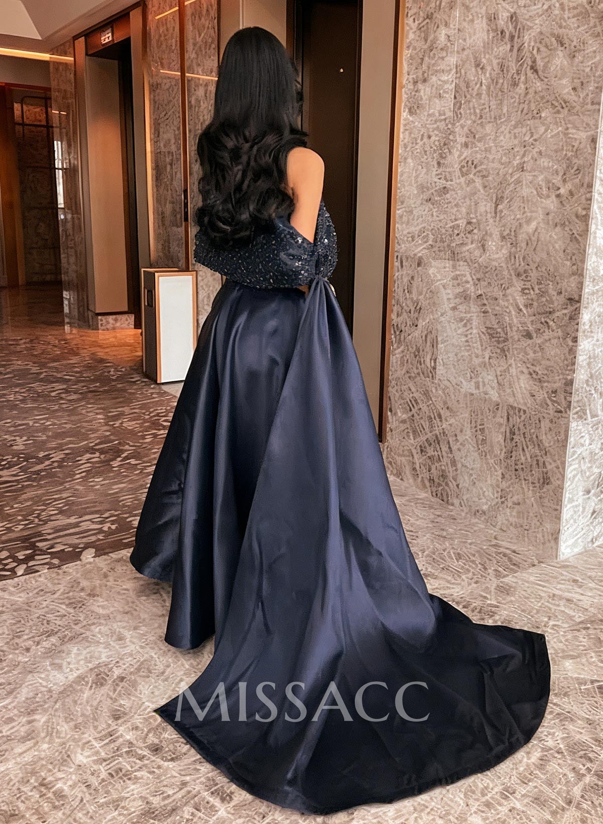 A-Line Off-The-Shoulder Floor-Length Satin/Sequined Evening Dresses With Sweeping Side Drape