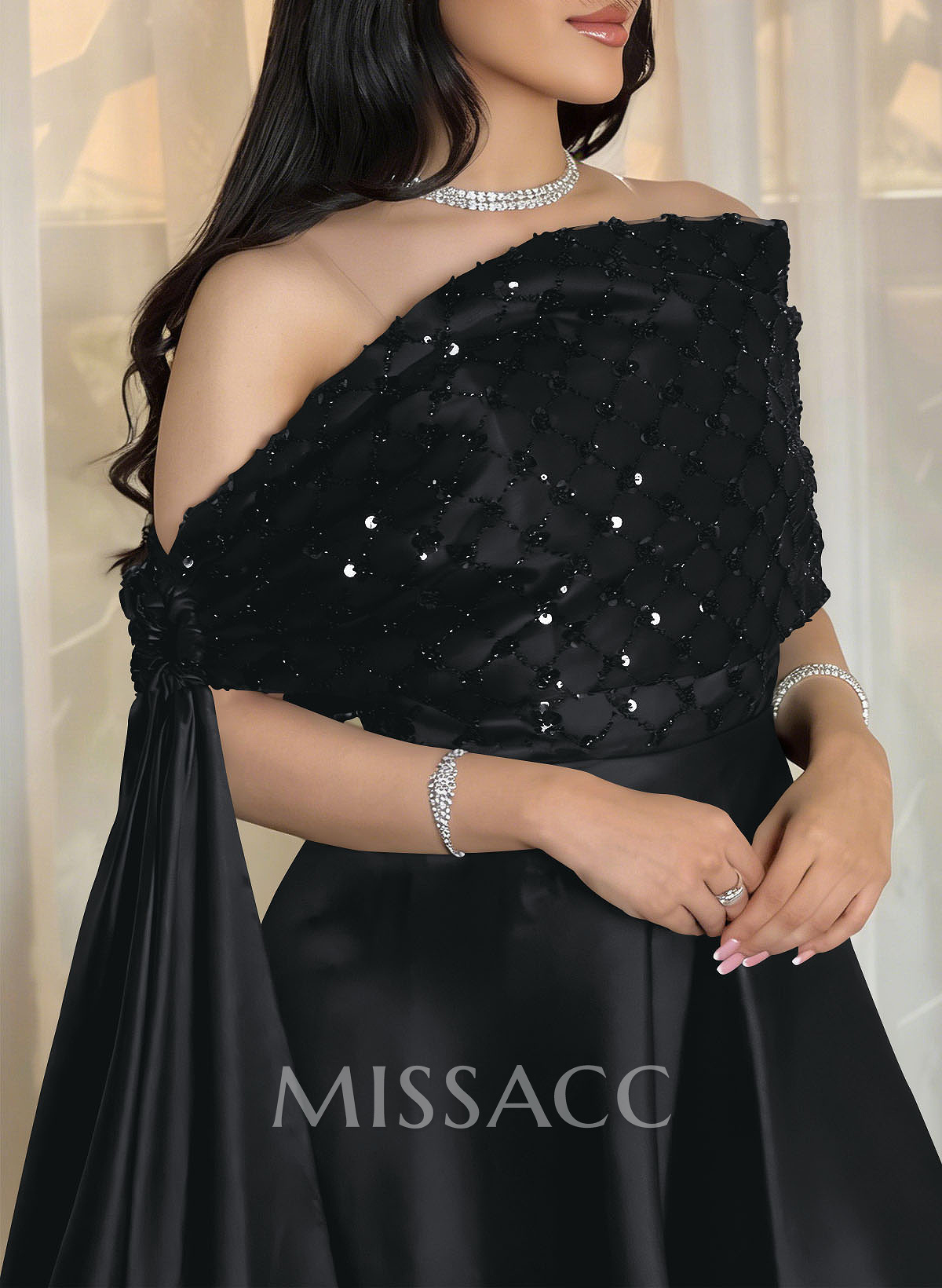 A-Line Off-The-Shoulder Floor-Length Satin/Sequined Evening Dresses With Sweeping Side Drape