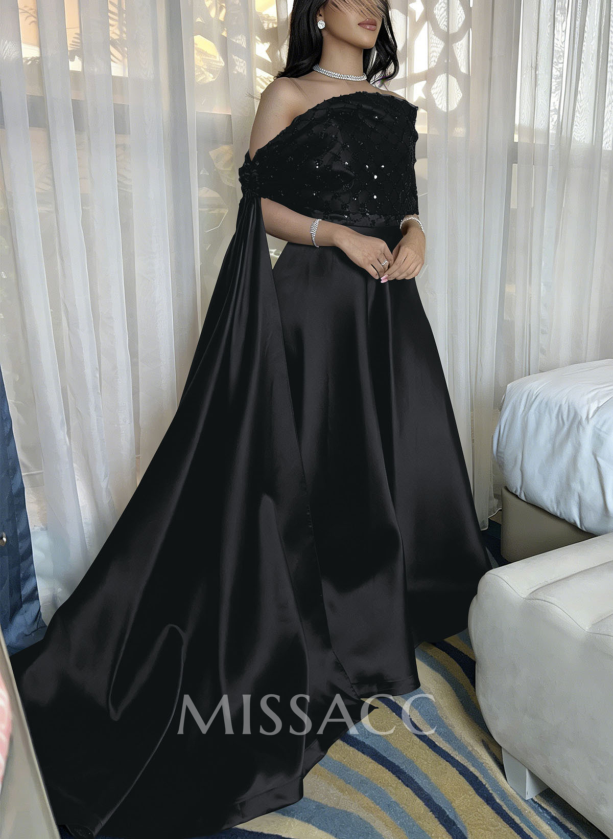 A-Line Off-The-Shoulder Floor-Length Satin/Sequined Evening Dresses With Sweeping Side Drape