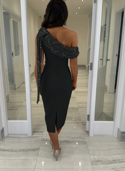 Sheath/Column One-Shoulder Sleeveless Tea-Length Elastic Satin Evening Dresses With Back Slit