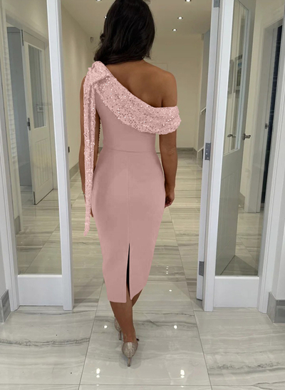 Sheath/Column One-Shoulder Sleeveless Tea-Length Elastic Satin Evening Dresses With Back Slit