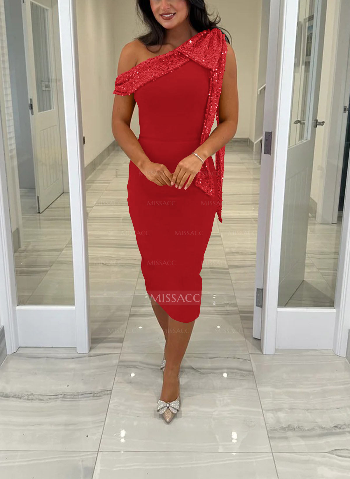 Sheath/Column One-Shoulder Sleeveless Tea-Length Elastic Satin Evening Dresses With Back Slit