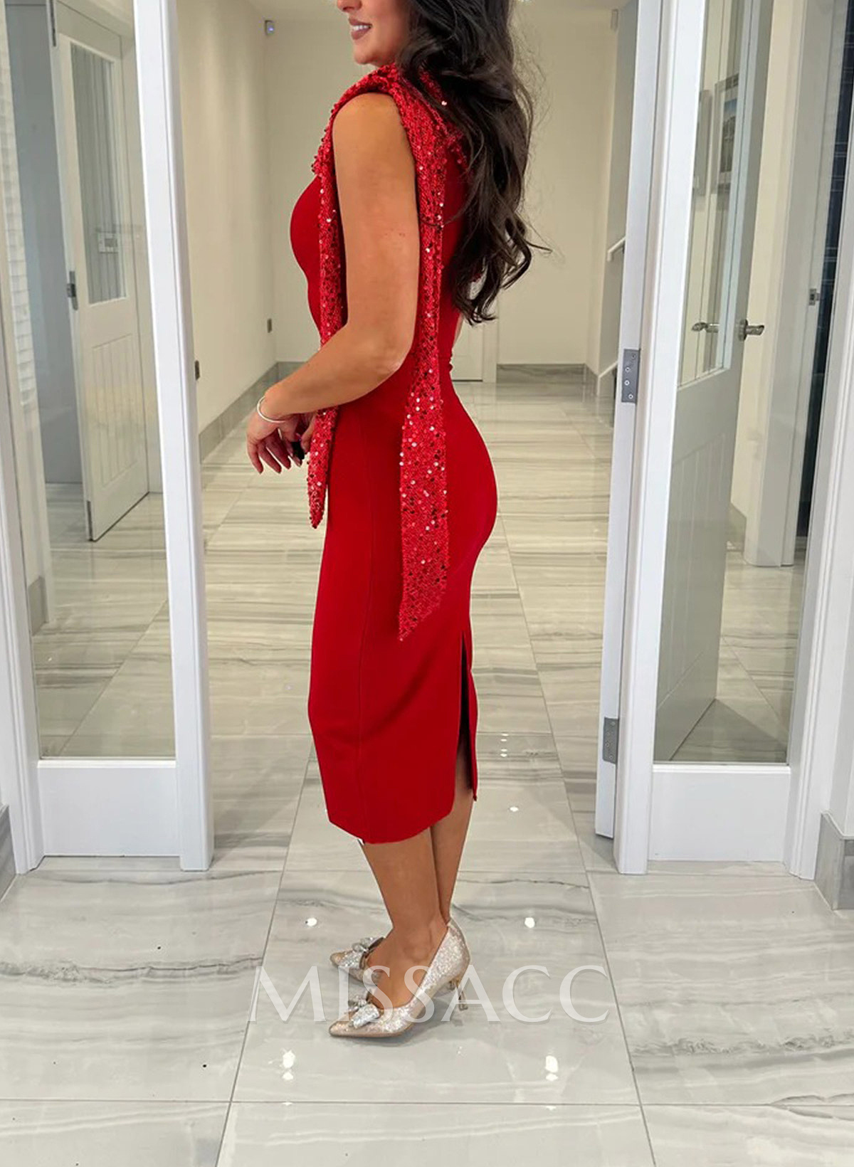 Sheath/Column One-Shoulder Sleeveless Tea-Length Elastic Satin Evening Dresses With Back Slit