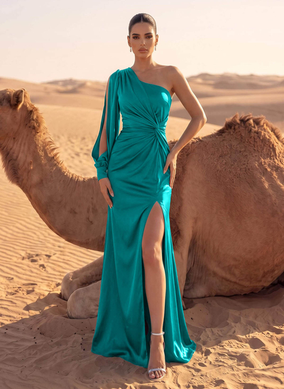 Sheath/Column One-Shoulder Floor-Length Acetate Satin Evening Dresses With High Split