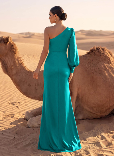 Sheath/Column One-Shoulder Floor-Length Acetate Satin Evening Dresses With High Split