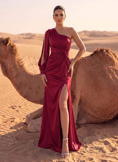 Sheath/Column One-Shoulder Floor-Length Acetate Satin Evening Dresses With High Split