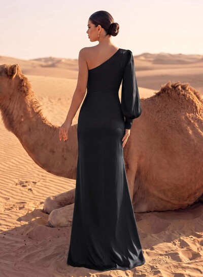 Sheath/Column One-Shoulder Floor-Length Acetate Satin Evening Dresses With High Split