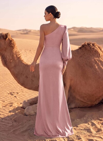 Sheath/Column One-Shoulder Floor-Length Acetate Satin Evening Dresses With High Split
