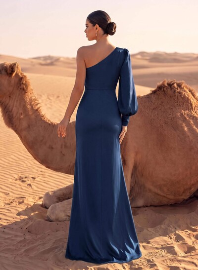 Sheath/Column One-Shoulder Floor-Length Acetate Satin Evening Dresses With High Split