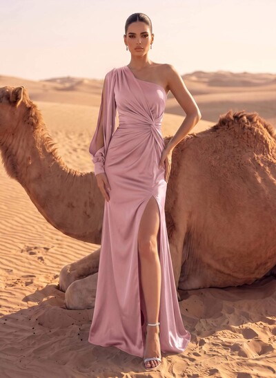 Sheath/Column One-Shoulder Floor-Length Acetate Satin Evening Dresses With High Split