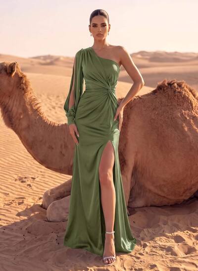 Sheath/Column One-Shoulder Floor-Length Acetate Satin Evening Dresses With High Split