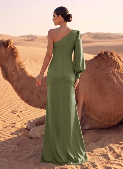 Sheath/Column One-Shoulder Floor-Length Acetate Satin Evening Dresses With High Split