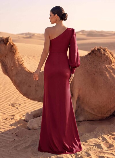 Sheath/Column One-Shoulder Floor-Length Acetate Satin Evening Dresses With High Split