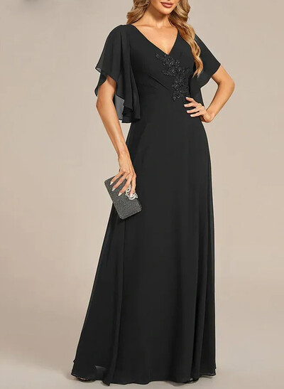 A-Line V-Neck Cape Sleeves Floor-Length Chiffon Evening Dresses